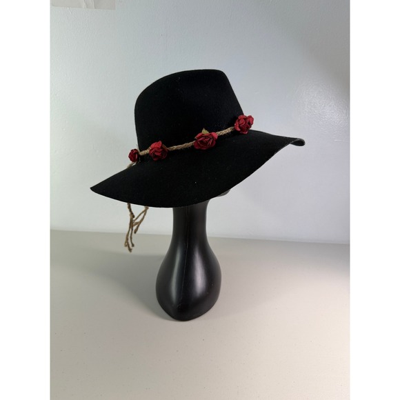 Lovely Bird‎ Black 100% Wool Wide Brim Fedora Hat Red Rose Rope Band Lovely Bird‎ Black 100% Wool Wide Brim Fedora Hat Red Rose  main image 2
